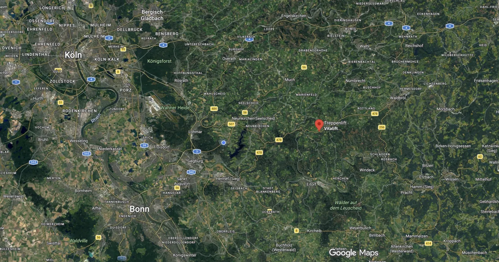 Karte mit dem Standort von vitaLift in Ruppichteroth, zwischen Köln, Bonn und Siegen